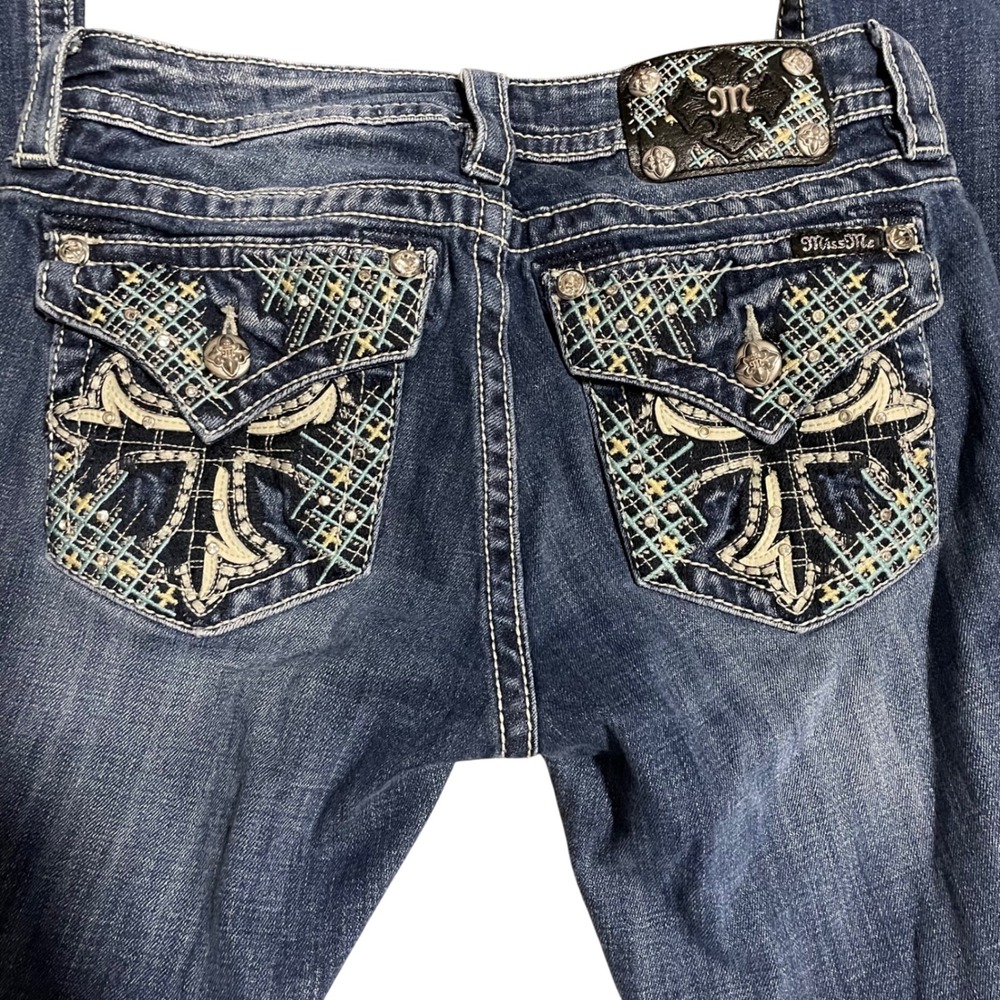 Miss Me Womens Mid Rise Bootcut Jeans Dark Wash‎ Cross Embroidered Size 28